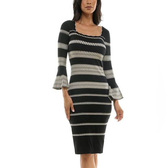 Maison Tara Bell Sleeve Striped Sheath Knit Dress Size Medium Office Work - Picture 1 of 12